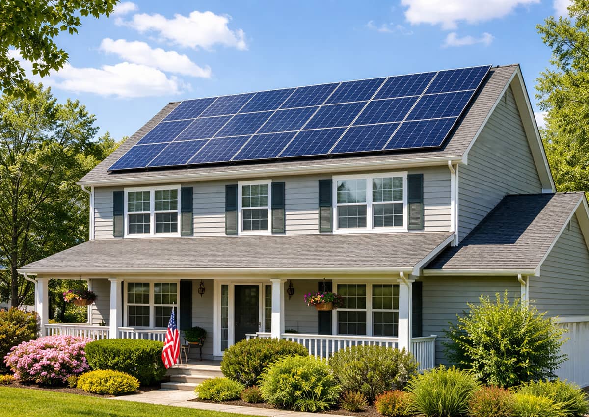Beautiful New York home with solar panels installed on roof